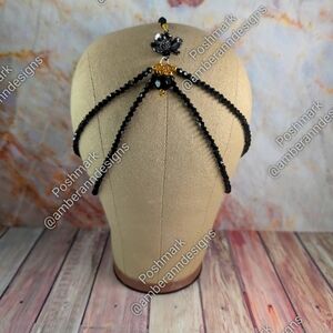 Handmade Two Of A Kind Art Deco Black Crystal Beaded Headpiece w/ Gold Accents
